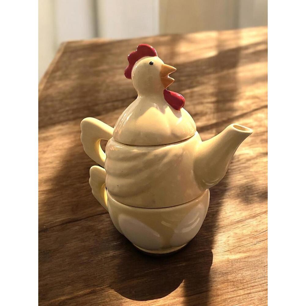 Chicken Rooster Teapot Set Egg Nest Cluck Barnyard Beverage READ